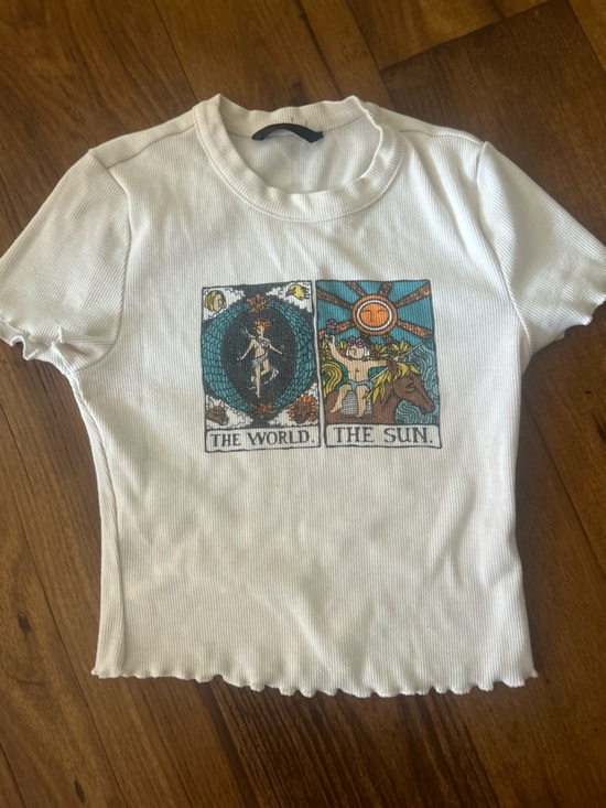 Tops - Graphic Ribbed Tee with The World & The Sun Design - White